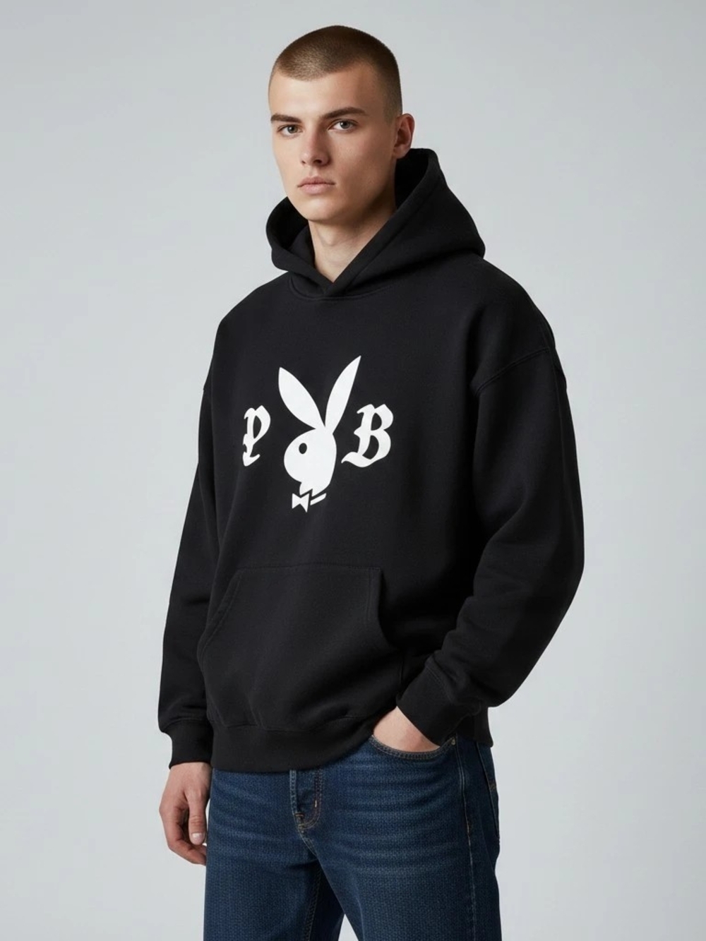 PLAYBOY Black Hoodie with White Bunny Logo Unisex